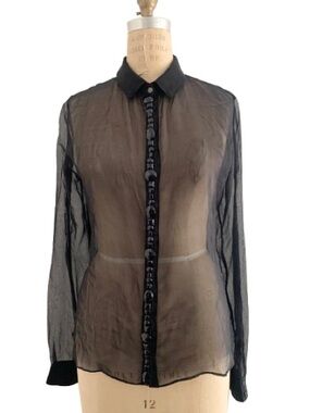 Sheer See-Through Black Jeweled Button-Up Silk Blouse Shirt Top